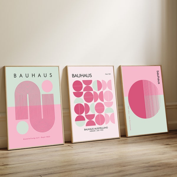 Bauhaus Print Pink, Exposición Wall Art Set de 3, Cartel imprimible del Museo de Arte Bauhaus, Arte de pared de 3 piezas, Arte de pared moderno, Conjunto de arte de pared de galería