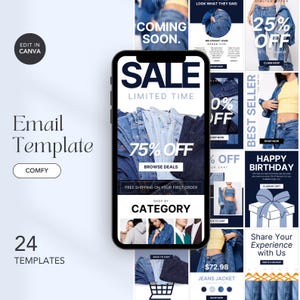 Puede incluir: Imagen de marketing digital que muestra un diseño de plantilla de correo electrónico para una venta de comercio electrónico. El enfoque principal es un teléfono inteligente que muestra una venta de mezclilla con una promoción del 75% de descuento. También se ven plantillas y gráficos promocionales adicionales.