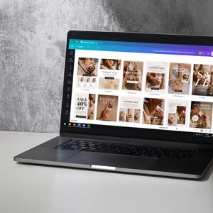 Email template pack shown inside Canva editor on a laptop screen for real-use preview.