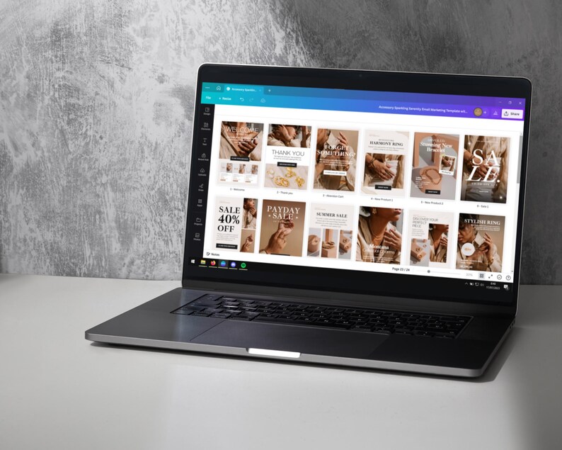 Email template pack shown inside Canva editor on a laptop screen for real-use preview.