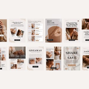 Full grid preview of various email templates for jewelry businesses including sales, tips, and product promos.