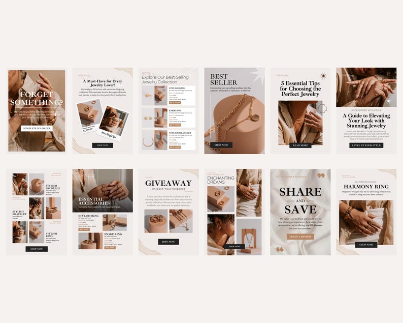 Full grid preview of various email templates for jewelry businesses including sales, tips, and product promos.