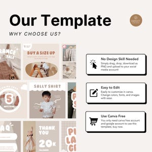 A fully editable Canva Instagram post set for baby fashion shops, these templates require no design skills and are optimized for small business owners. Includes graphics for clearance sales, outfit ideas, size-up tips, and soft fabric highlights. Perfect for promoting products and boosting Instagram presence for toddler clothing brands. Customize easily with your own content using Canva Free or Pro to maintain a cohesive and stylish brand aesthetic.