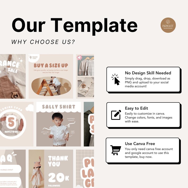 A fully editable Canva Instagram post set for baby fashion shops, these templates require no design skills and are optimized for small business owners. Includes graphics for clearance sales, outfit ideas, size-up tips, and soft fabric highlights. Perfect for promoting products and boosting Instagram presence for toddler clothing brands. Customize easily with your own content using Canva Free or Pro to maintain a cohesive and stylish brand aesthetic.