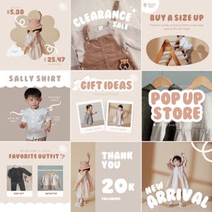 Designed for baby fashion shops, this Canva Instagram template pack features promotional content like Buy 1 Get 1 offers, clearance sales, and pricing graphics. With easy drag-and-drop customization, these templates are ideal for small kidswear businesses and Etsy shops looking to convert more followers into buyers. Perfect for showcasing affordable deals with a soft, friendly design that matches modern baby and toddler clothing branding.