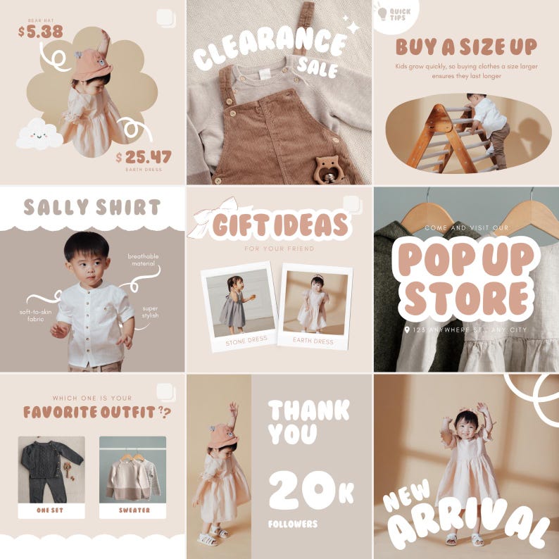 Designed for baby fashion shops, this Canva Instagram template pack features promotional content like Buy 1 Get 1 offers, clearance sales, and pricing graphics. With easy drag-and-drop customization, these templates are ideal for small kidswear businesses and Etsy shops looking to convert more followers into buyers. Perfect for showcasing affordable deals with a soft, friendly design that matches modern baby and toddler clothing branding.