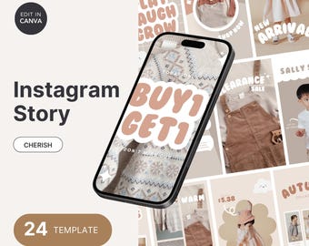 Mallar för Instagram-storyer för barnkläder: Beige Canvas-design med babymode (digital nedladdning)