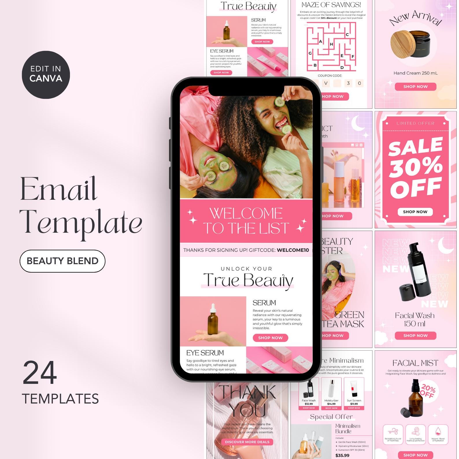 Editable Beauty Email Templates, Esthetician Email Marketing, Klaviyo Design, Welcome Series Email, Newsletter Template, Skincare Email