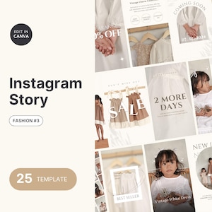 Può includere: Modello Instagram Story a tema moda, con abbigliamento per bambini. Il design include sovrapposizioni di testo come "SALE", "Vintage White Dress" e "Coming Soon 07.12.2024". Il modello è etichettato "Fashion #3" e offre 25 modelli.