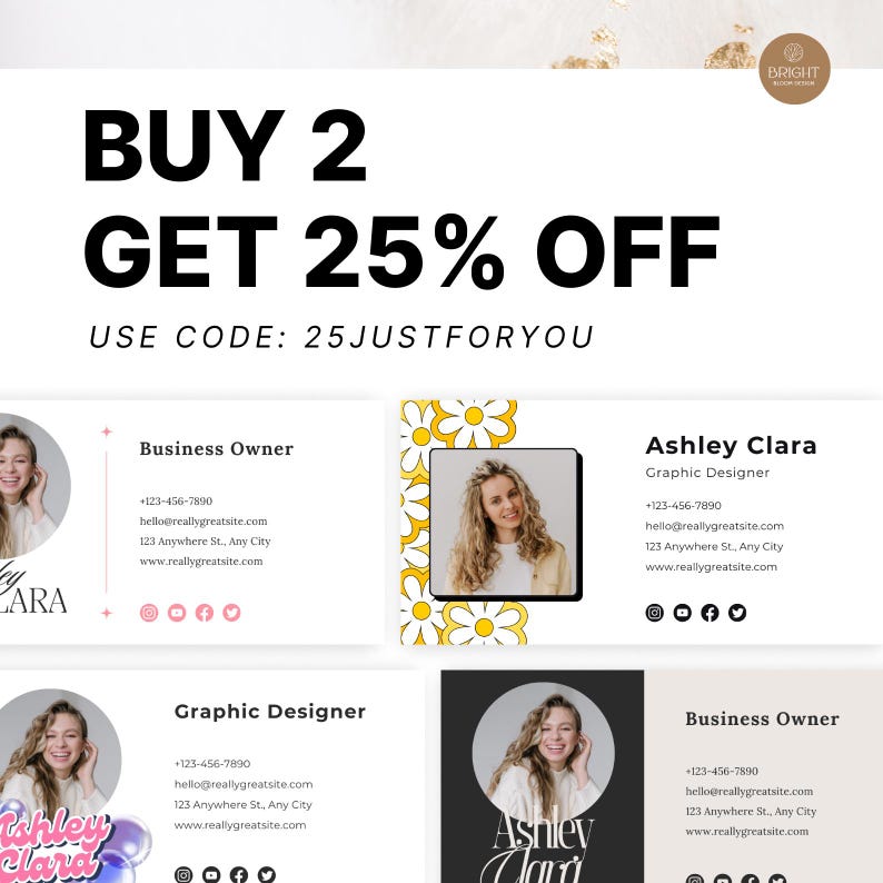 Bundle offer featuring multiple Canva email signature designs. Includes editable templates with various styles, color options, and layouts for business owners, freelancers, coaches, consultants, and virtual assistants. Fully customizable with Canva Free or Pro for instant download and easy branding. Ideal for creating multiple professional email footers for personal business, client projects, or digital product shops.