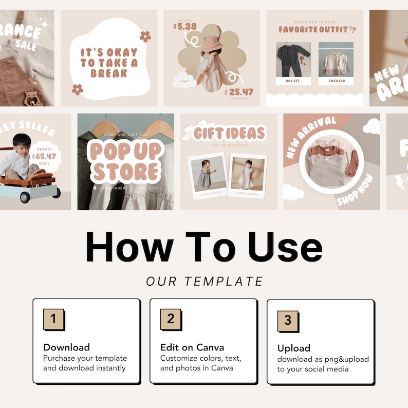 A simple how-to-use Canva template guide designed for kidswear brand owners using Instagram to market their products. It outlines the download, edit, and upload process for Canva templates, making it easy for beginners. Ideal for baby clothing shops looking to maintain a consistent and polished Instagram feed without hiring a designer. This guide ensures you can quickly create, edit, and publish branded social media content that converts.