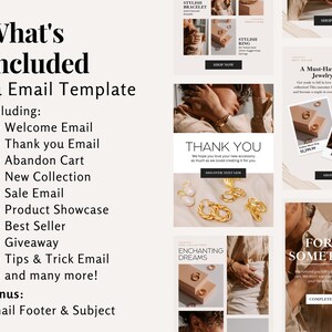 Overview of 24 included email templates such as welcome, thank you, sale, and product showcase.
