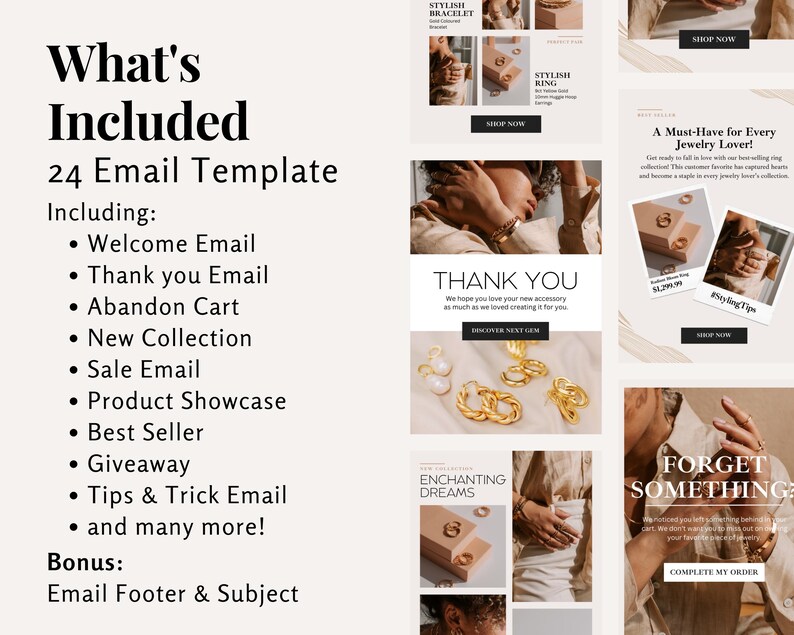 Overview of 24 included email templates such as welcome, thank you, sale, and product showcase.
