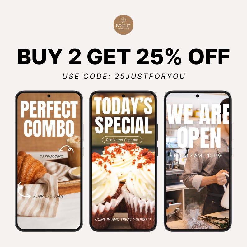 Editable Canva Instagram Story templates made for bakeries, cafes, and food-based small businesses. Showcases designs for promotions like “Buy 2 Get 25% Off,” daily specials, and open hour announcements. Perfect for creating eye-catching visuals that attract foot traffic or orders. These modern templates help you maintain a professional social media presence while easily updating content with your own menu items or offers in Canva.