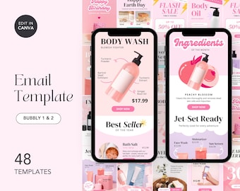 Skincare Email Template Bundle: Pink Newsletter Design (Canva, Mailchimp, Klaviyo)