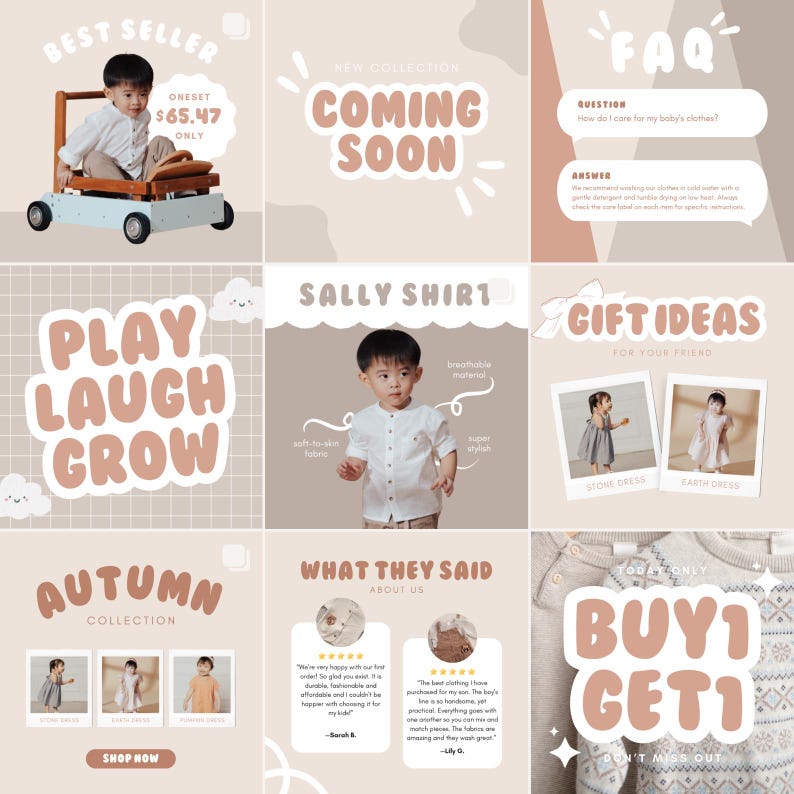 Grid-style preview of Instagram post templates designed in Canva for baby clothing and kidswear brands. Features soft beige aesthetics and layouts for FAQs, testimonials, gift ideas, new arrivals, and product details. Perfect for sellers who want a clean, modern, and consistent Instagram grid. These templates allow easy customization to reflect your brand, save time, and elevate your online presence without needing design experience.