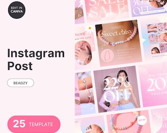 Pink Jewelry Instagram Templates: Handmade Bead Bracelet Social Media (Canva Editable) (Digital Download)