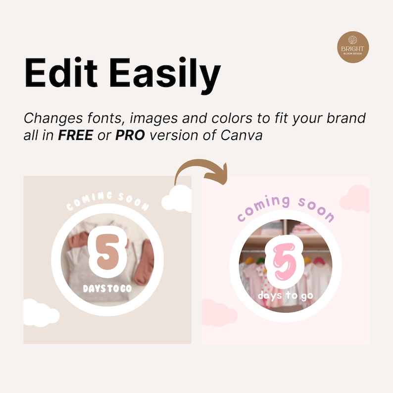 Editable Canva Instagram post templates featuring "coming soon" countdown layouts ideal for baby clothing and kids fashion stores. Designed with a soft, pastel aesthetic, these templates help you build excitement for upcoming launches. Easily change text, fonts, and photos to match your brand. Perfect for children’s apparel businesses that want to increase engagement and brand presence with cohesive, scroll-stopping social media graphics.