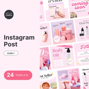 24 modelli di post Instagram per saponi da bagno e corpo, modelli di feed IG rosa, grazioso kit di branding Instagram, cura della pelle, modello di estetista