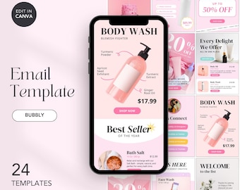 Pink Email Templates, Skincare Editable Email, Mailchimp Email Template, Email Sequence, Klaviyo Email Template, Newsletter Canva
