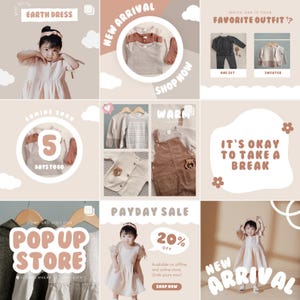 Preview of Canva Instagram post templates shown in a carousel layout, perfect for baby clothing and kidswear brands. Highlighting soft-toned layouts for new arrivals, sales, and product collections, these templates make it easy to keep your Instagram feed cohesive. Ideal for small fashion boutiques wanting to boost visibility with professional, on-brand content that’s easy to edit in Canva and ready to post to Instagram with just a few clicks.