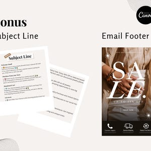Bonus content showing editable subject lines and professional email footer for jewelry emails.