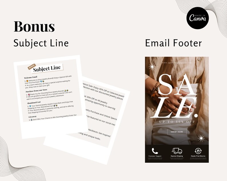 Bonus content showing editable subject lines and professional email footer for jewelry emails.