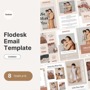 May include: A collection of email templates for a children's clothing store. The templates feature images of children wearing various clothing items, including a brown jumpsuit and shirt, a white shirt with a bear design, and a pink dress. The templates also include text such as "We Miss You", "Your Order is Confirmed", "Check Out What's New", and "Little Stars Style".