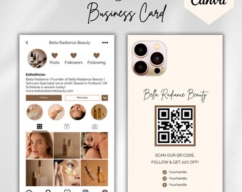 Plantilla de tarjeta de presentación para esteticista: Código QR de Instagram (Canva editable)