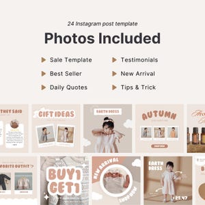 This Canva Instagram post bundle includes 24 templates created for kidswear and baby clothing brands. It features layouts for product sales, best sellers, customer testimonials, gift guides, and daily quotes—all customizable in Canva. Ideal for small shop owners and Etsy sellers who want consistent branding across their Instagram feed. These templates help attract more followers and boost engagement through stylish, on-brand visuals.