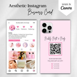 Modèles roses de cartes de visite Instagram, cartes IG modifiables sur les soins de la peau, carte de visite bain et corps, savonniers, carte Instagram, jolie toile