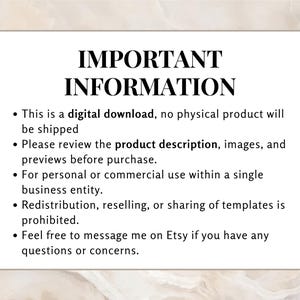 Important information notice stating digital download terms and usage policy for the template pack.