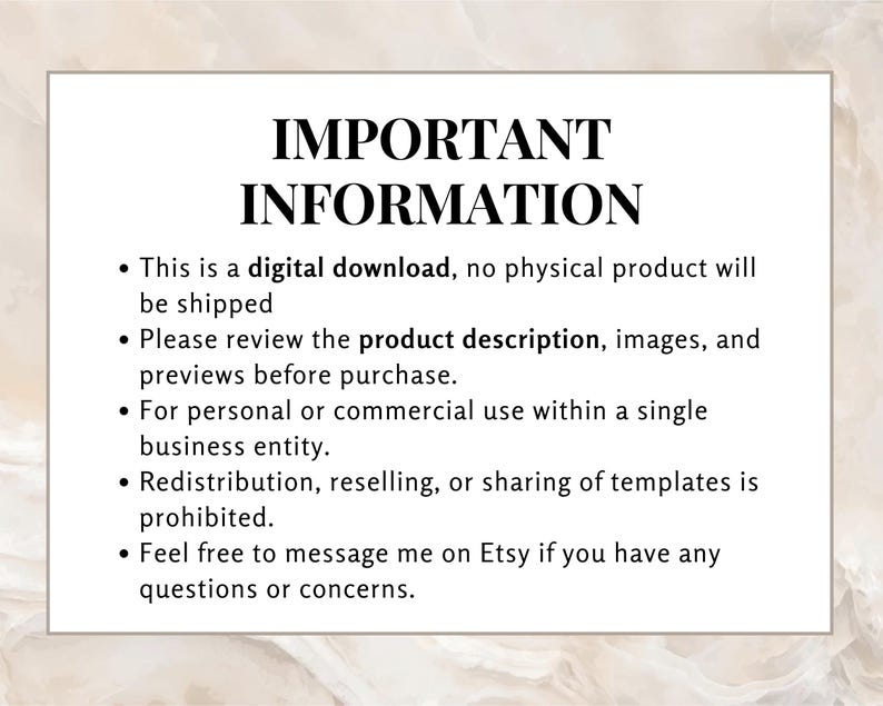 Important information notice stating digital download terms and usage policy for the template pack.