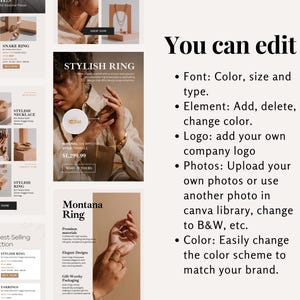 Editable Canva email template features including fonts, logos, images, and colors for full customization.
