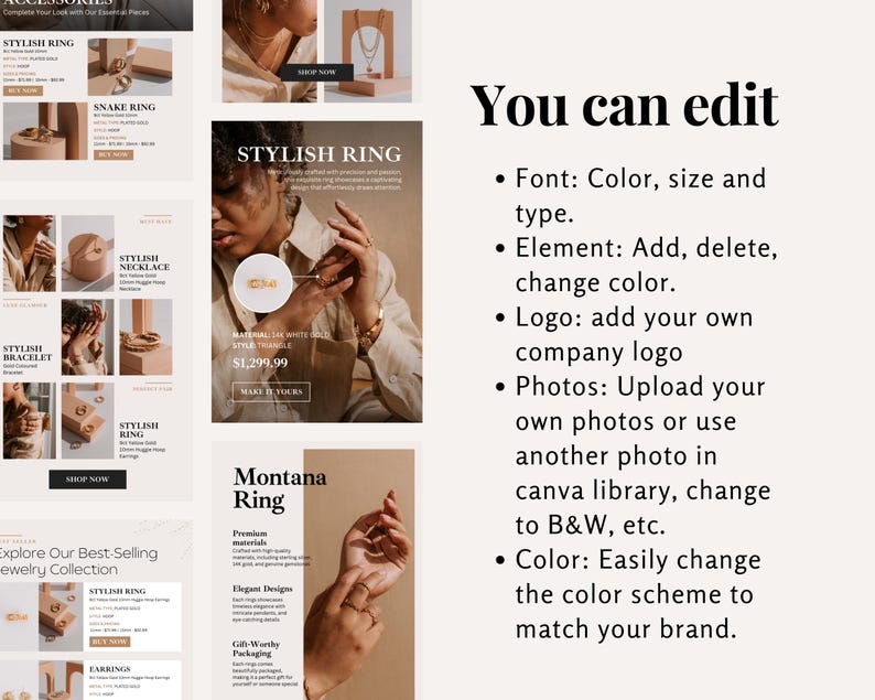 Editable Canva email template features including fonts, logos, images, and colors for full customization.