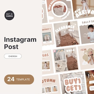 This editable Instagram post template set is designed for baby and kidswear brands looking to grow on social media. Featuring 24 Canva templates in soft neutral tones, it includes layouts for new arrivals, sales, product showcases, and promos. Perfect for handmade baby clothing sellers, children’s fashion shops, and boutique brands that want professional, aesthetic, and easy-to-use visuals for their online marketing strategy on Instagram.