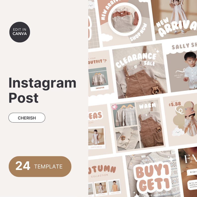 This editable Instagram post template set is designed for baby and kidswear brands looking to grow on social media. Featuring 24 Canva templates in soft neutral tones, it includes layouts for new arrivals, sales, product showcases, and promos. Perfect for handmade baby clothing sellers, children’s fashion shops, and boutique brands that want professional, aesthetic, and easy-to-use visuals for their online marketing strategy on Instagram.