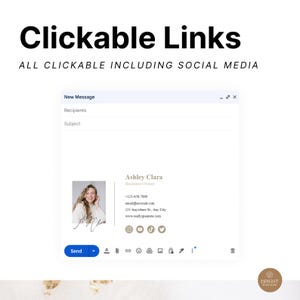 Professional email signature with clickable links for social media, phone, website, and email. Fully editable in Canva and Google Docs. Includes versions for clickable or image-based signatures compatible with Gmail and Outlook. Ideal for business owners, freelancers, coaches, consultants, and entrepreneurs wanting a branded, fully functional email footer that drives customer engagement and improves online communication.