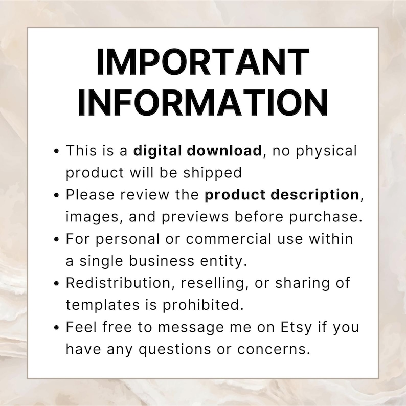 A digital download information sheet designed for Etsy sellers using Instagram to promote baby clothing templates. Clearly states that no physical product will be shipped, outlines usage rights, and provides seller contact info. Ideal for ensuring customer clarity before purchase. This Canva-made visual is perfect for including in your product listing images or marketing content to reduce confusion and build trust with your buyers.