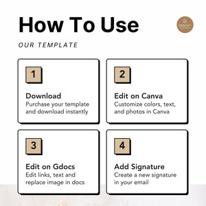 Simple step-by-step guide to edit your email signature. Download the file, customize colors, text, and photo in Canva, update clickable links in Google Docs, and add signature to Gmail or Outlook. Canva Free or Pro compatible. Designed for business owners, freelancers, coaches, and service providers needing an easy, fully customizable professional email signature with simple instructions for fast setup and branding.