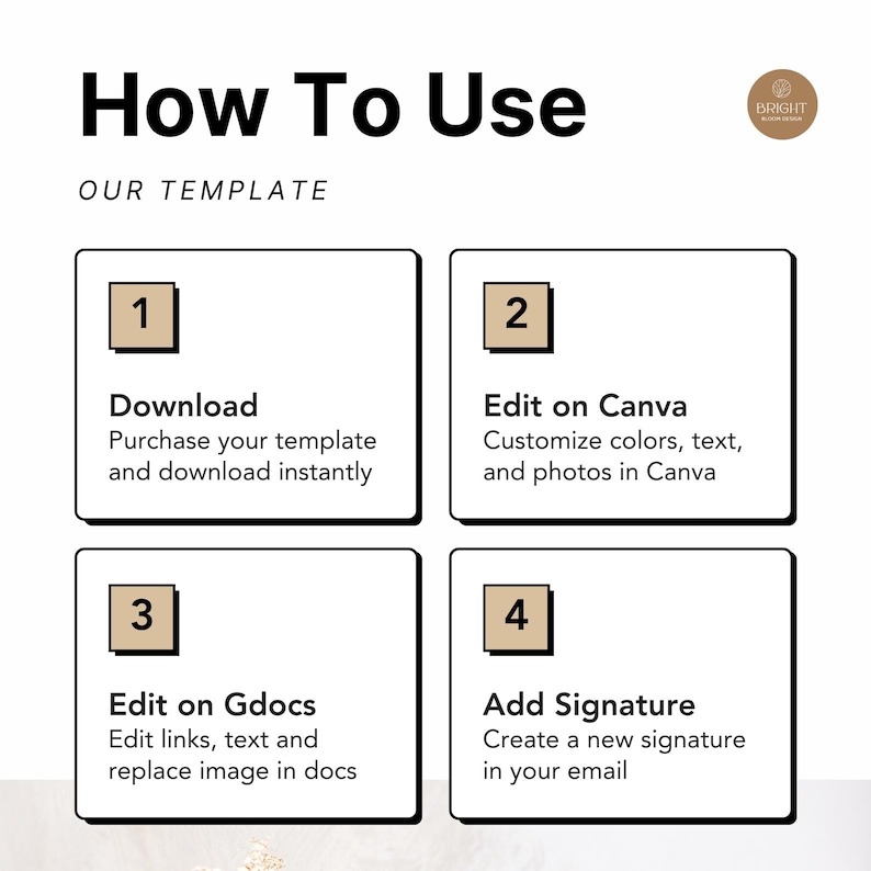 Simple step-by-step guide to edit your email signature. Download the file, customize colors, text, and photo in Canva, update clickable links in Google Docs, and add signature to Gmail or Outlook. Canva Free or Pro compatible. Designed for business owners, freelancers, coaches, and service providers needing an easy, fully customizable professional email signature with simple instructions for fast setup and branding.