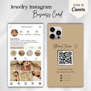 Modèle de carte de visite Instagram pour bijoux, carte de visite avec code QR, modèles de réseaux sociaux, carte de visite à faire soi-même, modèle canvas, petite entreprise