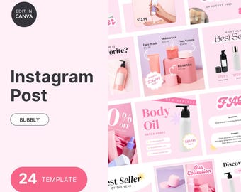 Bath & Body Instagram Post Templates: Pink Skincare Branding (Canva Editable, Digital Download)