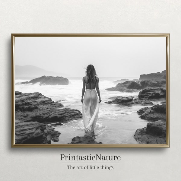 Woman Fine Art Photography Print - Black and White Ocean Minimalist Wall Art Framed Beach Lifestyle Ocean Waves Home Decor, Digital Download