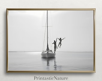 Impressão minimalista do oceano: fotografia de praia em preto e branco (digital)