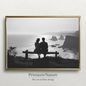 Impresión de fotografía de bellas artes - Pareja de océano en blanco y negro minimalista arte de pared enmarcado estilo de vida de playa acantilado salto decoración del hogar, descarga digital