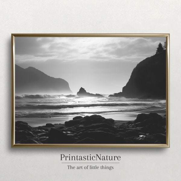 Fine Art Photography Print - Black and White Ocean Minimalist Wall Art Framed Beach Lifestyle Sunset Cliff Home Decor (Digital Download)