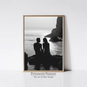 Fine Art Photography Print - Black and White Ocean Couple Minimalist Wall Art Beach Lifestyle Summer Sunset Home Decor, Digital Download