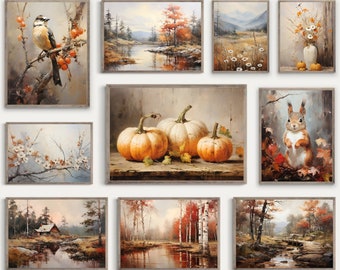 Puede incluir: Una colección de nueve pinturas de temática otoñal que representan paisajes, bodegones y vida silvestre. Las pinturas están enmarcadas en un marco de madera rústico y presentan colores cálidos como el naranja, el marrón y el amarillo.