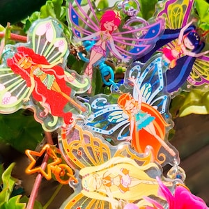 Porte-clés, autocollants et imprimés en acrylique inspirés des fées Winx